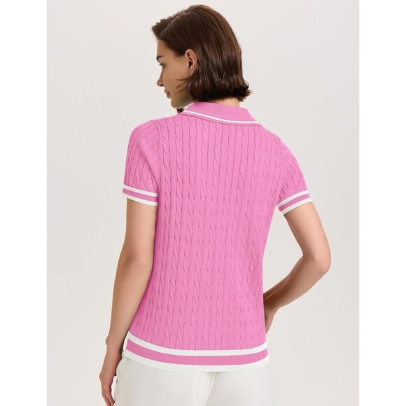 Elegant Women's Summer Cable Knit Sweater - Pink & White Stripe, Size X-Large - Picture 3 of 5